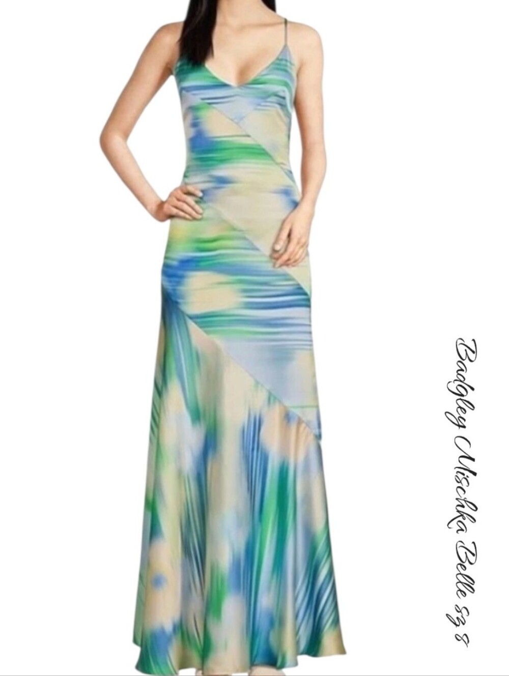 Belle by Badgley Mischka Satin Maxi Dress Blue Green Watercolor Sz 8 NWT